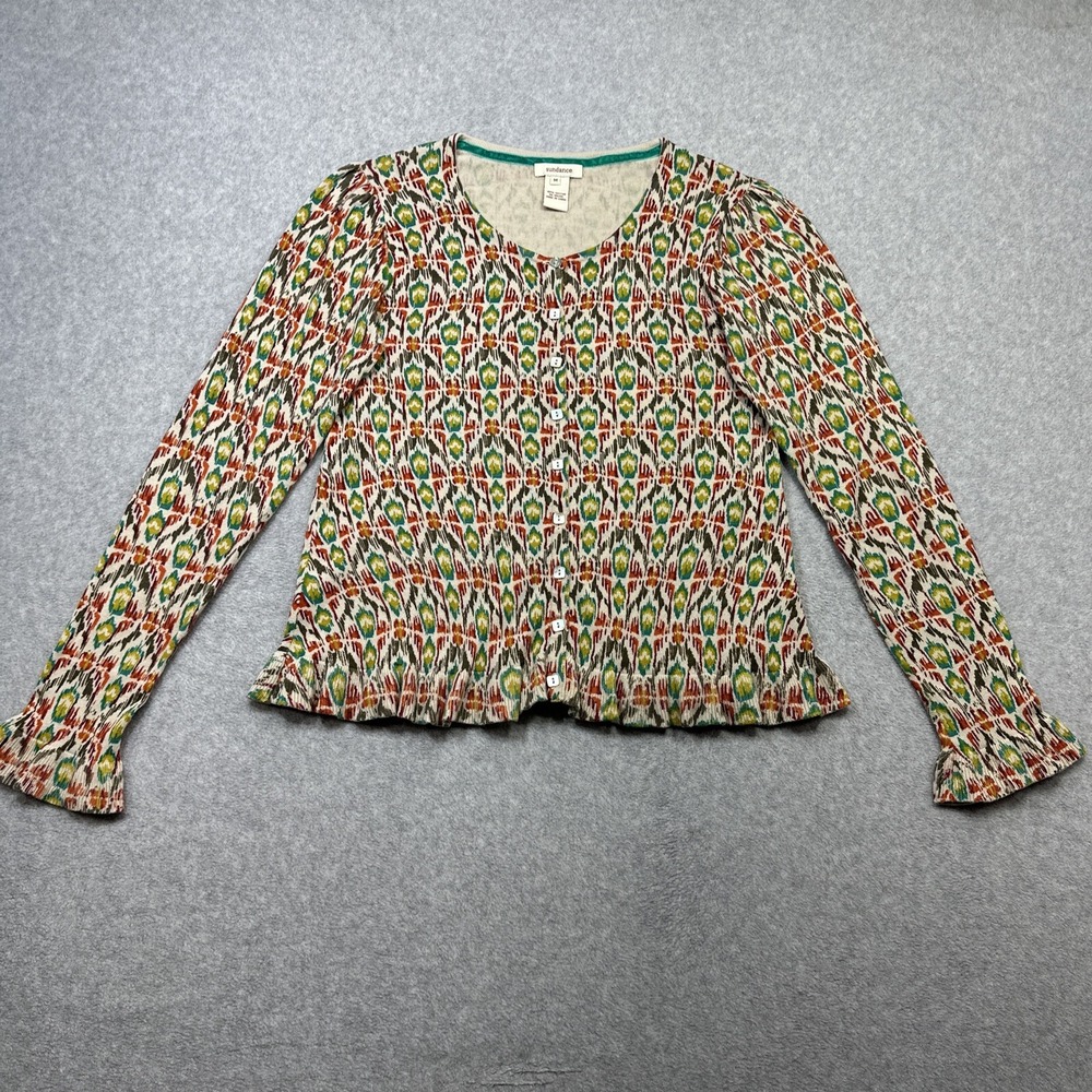 Sundance Top Medium Beige Orange Geometric Knit Ruffle Boho Chic Casual Feminine